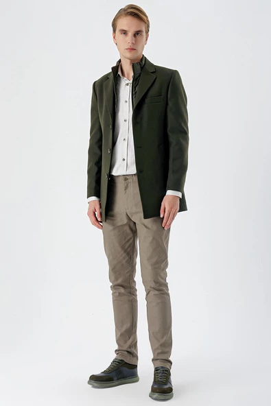 Koyu Haki Kaşe Mono Yaka Kapitoneli Astar Slim Fit Dar Kesim Klasik Kaban 1008235167 - 7