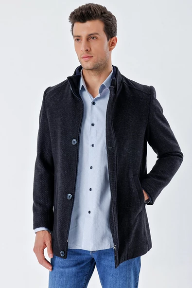 Koyu Lacivert Kaşe Hakim Yaka Desenli Yırtmaçlı Astarlı Slim Fit Dar Kesim Klasik Kaban 1008235151 - 3