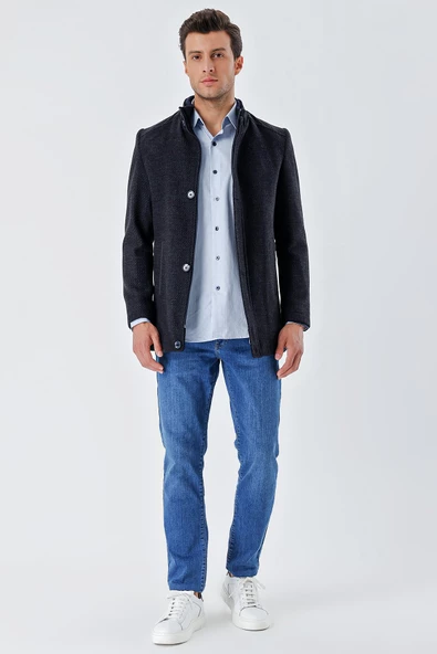 Koyu Lacivert Kaşe Hakim Yaka Desenli Yırtmaçlı Astarlı Slim Fit Dar Kesim Klasik Kaban 1008235151 - 4