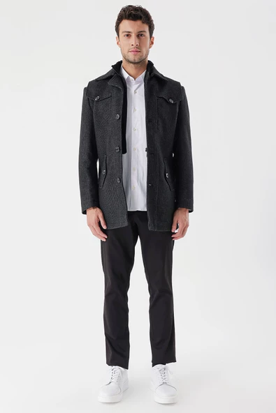 Siyah Kaşe Bebe Yaka Desenli Astarlı Slim Fit Dar Kesim Klasik Kaban 1008235156 - 2