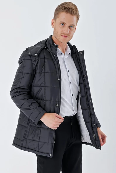 Siyah Kapüşonlu Kapitoneli Astar Comfort Fit Rahat Kesim Klasik Kaban 1008235155 - 2