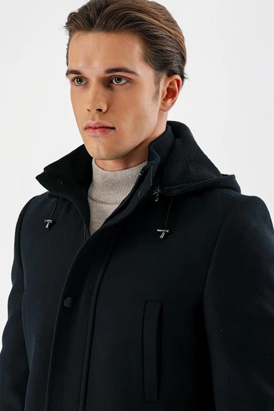 Koyu Lacivert Kaşe Dik Yaka Astarlı Slim Fit Dar Kesim Kaban 1008235272 - 4