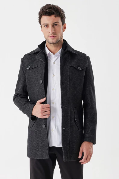 Siyah Kaşe Bebe Yaka Desenli Astarlı Slim Fit Dar Kesim Klasik Kaban 1008235156