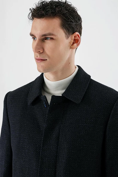 Lacivert Kaşe Yünlü Kapitoneli Astar Büyük Beden Comfort Fit Rahat Kesim Klasik Kaban 1008235170 - 7