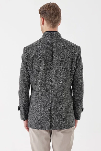 Koyu Antrasit Kaşe Hakim Yaka Desenli Yırtmaçlı Astarlı Slim Fit Dar Kesim Klasik Kaban 1008235153 - 4