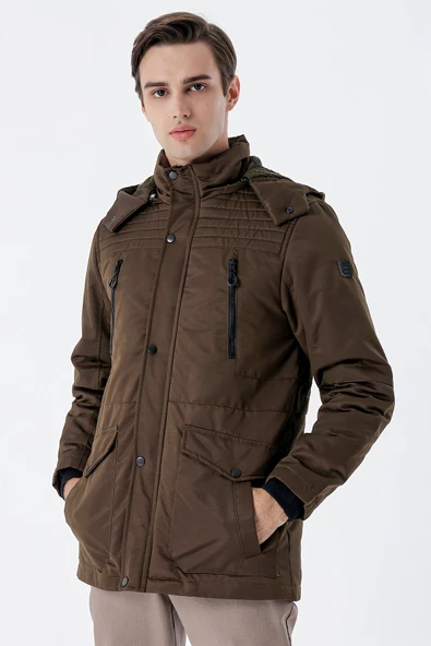 Koyu Haki Gabardin Hakim Yaka Astarlı Slim Fit Dar Kesim Klasik Kaban 1008235157 - 4