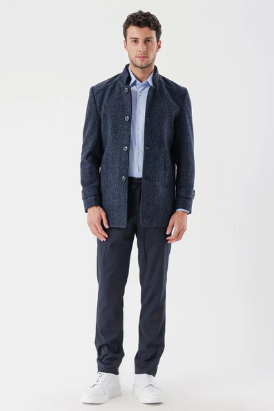 Koyu Lacivert Kaşe Hakim Yaka Desenli Yırtmaçlı Astarlı Slim Fit Dar Kesim Klasik Kaban 1008235153 - 5