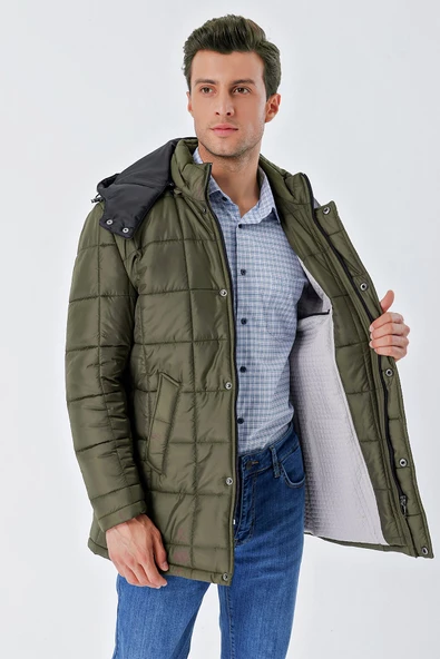 Koyu Haki Kapüşonlu Kapitoneli Astar Comfort Fit Rahat Kesim Klasik Kaban 1008235155 - Resim 7