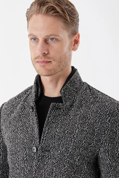 Koyu Antrasit Kaşe Hakim Yaka Desenli Yırtmaçlı Astarlı Slim Fit Dar Kesim Klasik Kaban 1008235153 - 2