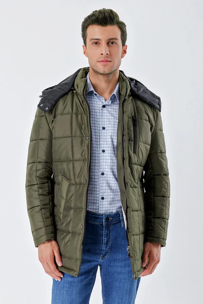 Koyu Haki Kapüşonlu Kapitoneli Astar Comfort Fit Rahat Kesim Klasik Kaban 1008235155 - Resim 3