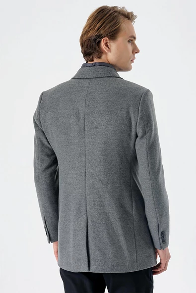 Koyu Antrasit Kaşe Mono Yaka Kapitoneli Astar Slim Fit Dar Kesim Klasik Kaban 1008235167 - 6