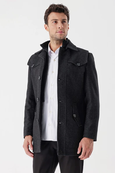Siyah Kaşe Bebe Yaka Desenli Astarlı Slim Fit Dar Kesim Klasik Kaban 1008235156 - 4