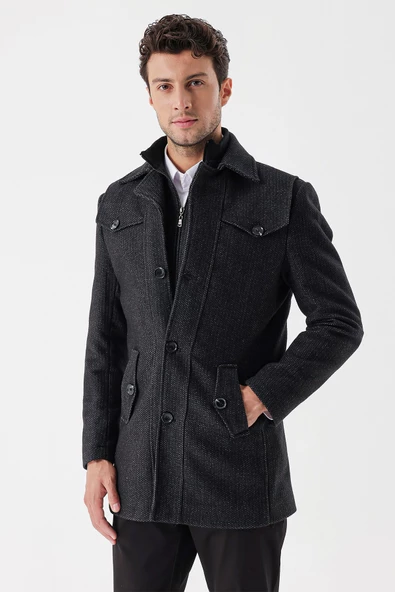 Siyah Kaşe Bebe Yaka Desenli Astarlı Slim Fit Dar Kesim Klasik Kaban 1008235156 - 5