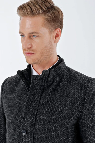 Siyah Kaşe Hakim Yaka Desenli Yırtmaçlı Astarlı Slim Fit Dar Kesim Klasik Kaban 1008235151 - 6