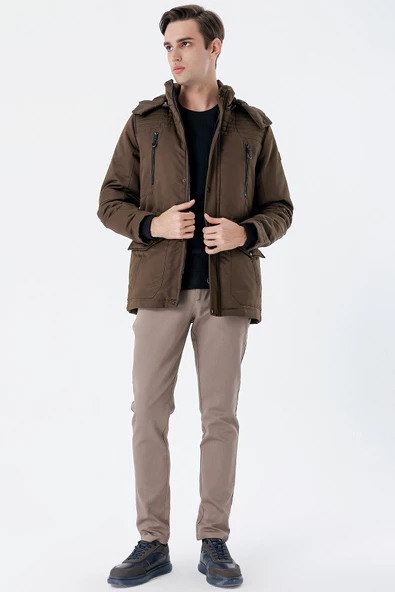 Koyu Haki Gabardin Hakim Yaka Astarlı Slim Fit Dar Kesim Klasik Kaban 1008235157 - 5
