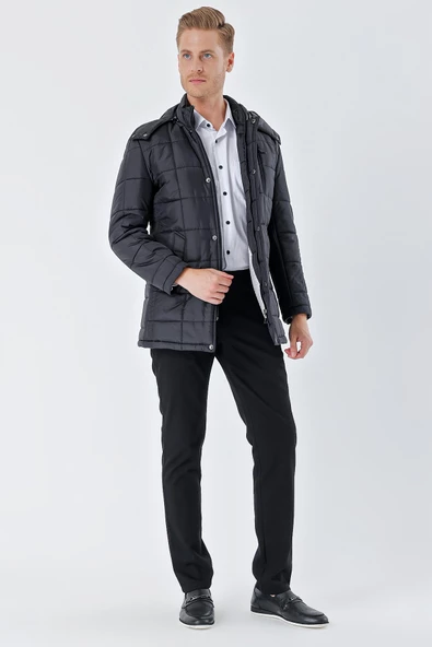 Siyah Kapüşonlu Kapitoneli Astar Comfort Fit Rahat Kesim Klasik Kaban 1008235155 - 4