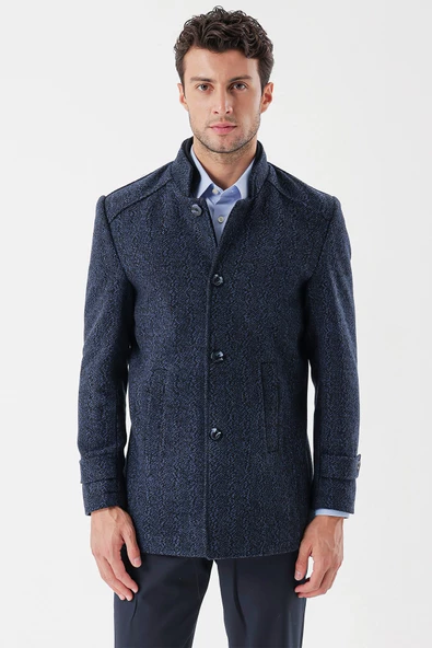 Koyu Lacivert Kaşe Hakim Yaka Desenli Yırtmaçlı Astarlı Slim Fit Dar Kesim Klasik Kaban 1008235153 - 3