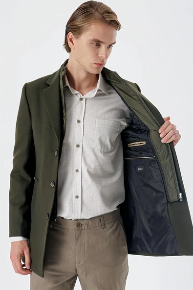 Koyu Haki Kaşe Mono Yaka Kapitoneli Astar Slim Fit Dar Kesim Klasik Kaban 1008235167 - 5