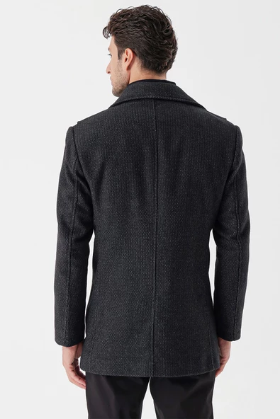 Siyah Kaşe Bebe Yaka Desenli Astarlı Slim Fit Dar Kesim Klasik Kaban 1008235156 - 7