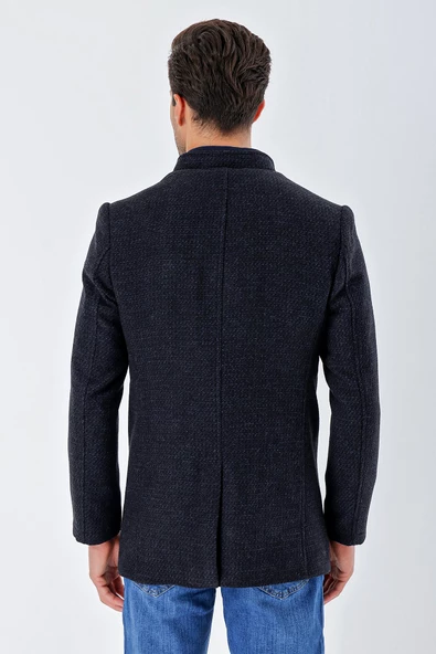 Koyu Lacivert Kaşe Hakim Yaka Desenli Yırtmaçlı Astarlı Slim Fit Dar Kesim Klasik Kaban 1008235151 - 6