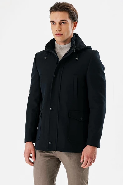Koyu Lacivert Kaşe Dik Yaka Astarlı Slim Fit Dar Kesim Kaban 1008235272