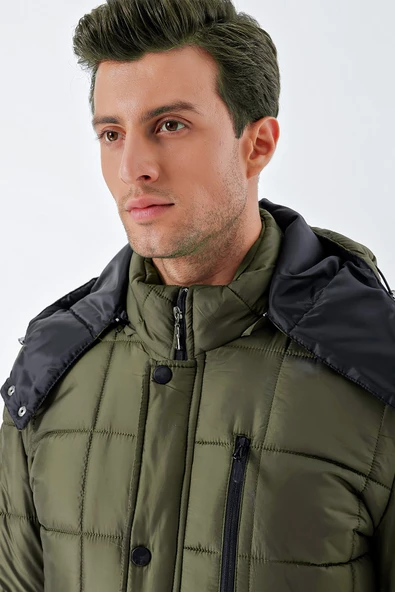 Koyu Haki Kapüşonlu Kapitoneli Astar Comfort Fit Rahat Kesim Klasik Kaban 1008235155 - Resim 4