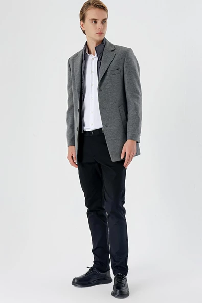 Koyu Antrasit Kaşe Mono Yaka Kapitoneli Astar Slim Fit Dar Kesim Klasik Kaban 1008235167 - 4