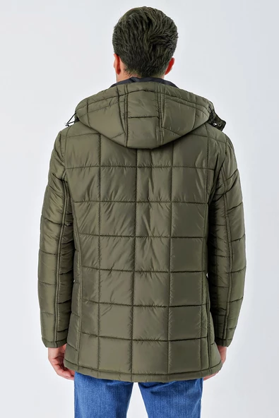 Koyu Haki Kapüşonlu Kapitoneli Astar Comfort Fit Rahat Kesim Klasik Kaban 1008235155 - Resim 6