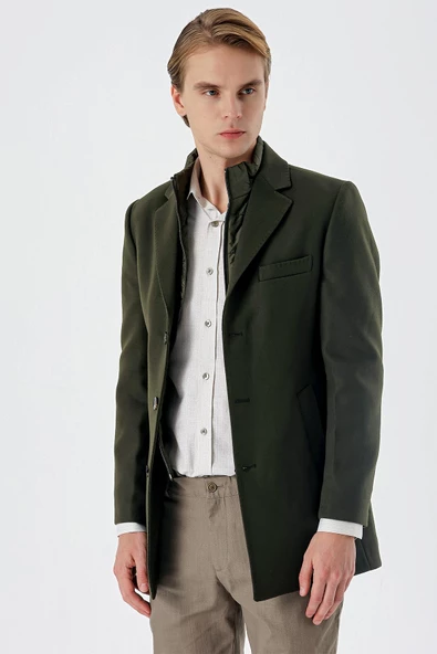 Koyu Haki Kaşe Mono Yaka Kapitoneli Astar Slim Fit Dar Kesim Klasik Kaban 1008235167 - 3