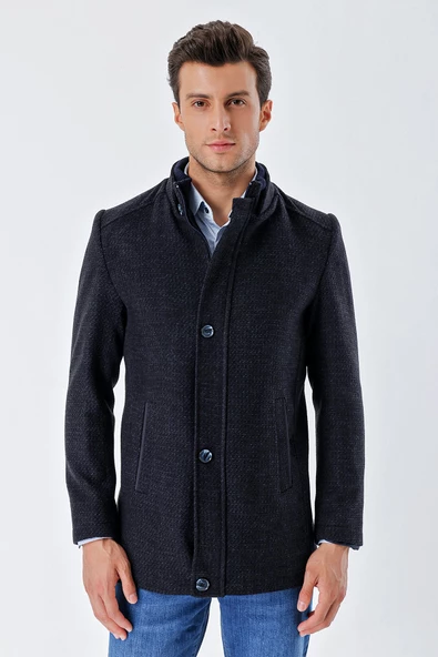 Koyu Lacivert Kaşe Hakim Yaka Desenli Yırtmaçlı Astarlı Slim Fit Dar Kesim Klasik Kaban 1008235151 - 2