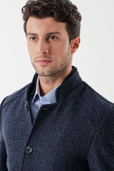 Koyu Lacivert Kaşe Hakim Yaka Desenli Yırtmaçlı Astarlı Slim Fit Dar Kesim Klasik Kaban 1008235153 - 6