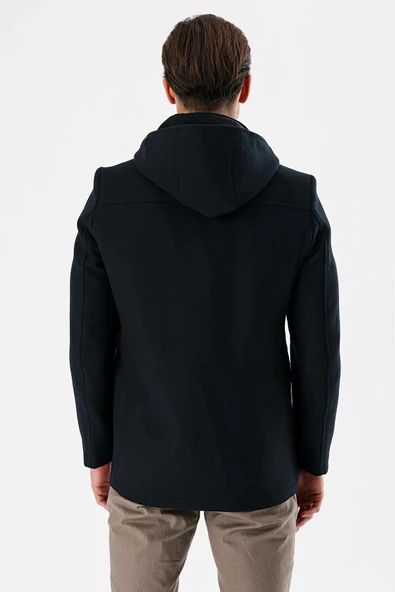 Koyu Lacivert Kaşe Dik Yaka Astarlı Slim Fit Dar Kesim Kaban 1008235272 - 6
