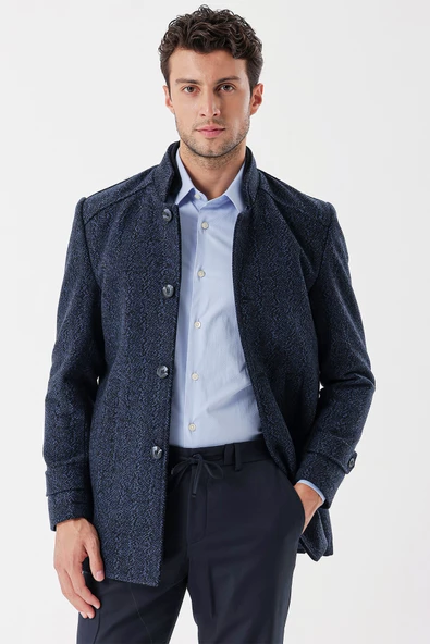 Koyu Lacivert Kaşe Hakim Yaka Desenli Yırtmaçlı Astarlı Slim Fit Dar Kesim Klasik Kaban 1008235153 - 2