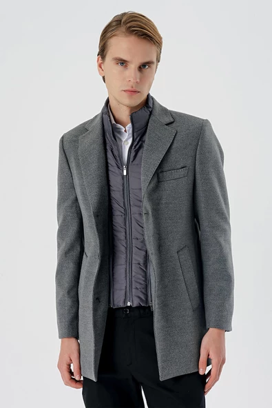 Koyu Antrasit Kaşe Mono Yaka Kapitoneli Astar Slim Fit Dar Kesim Klasik Kaban 1008235167 - 3
