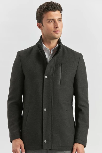 Koyu Antrasit Kaşe Dik Yaka Kapitoneli Astar Slim Fit Dar Kesim Klasik Kaban 1008245150 - 2