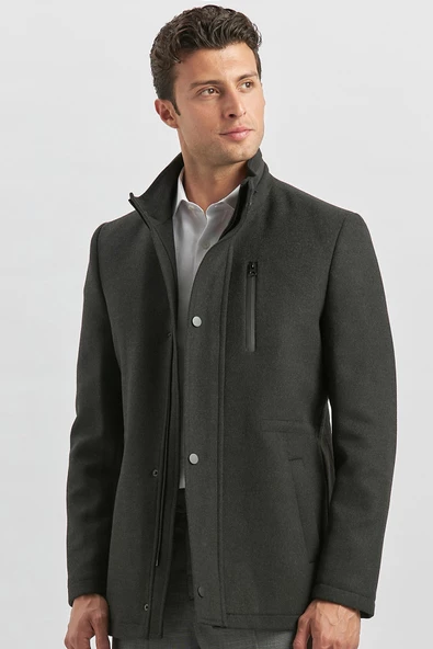Koyu Antrasit Kaşe Dik Yaka Kapitoneli Astar Slim Fit Dar Kesim Klasik Kaban 1008245150 - 3