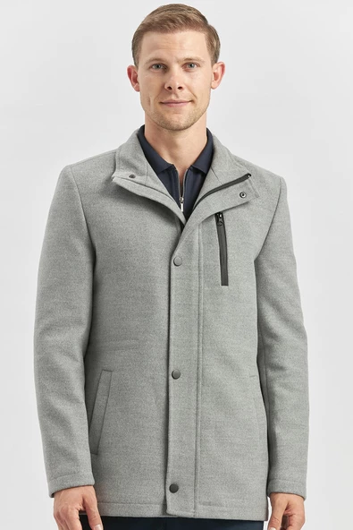 Gri Kaşe Dik Yaka Kapitoneli Astar Slim Fit Dar Kesim Klasik Kaban 1008245150 - 4