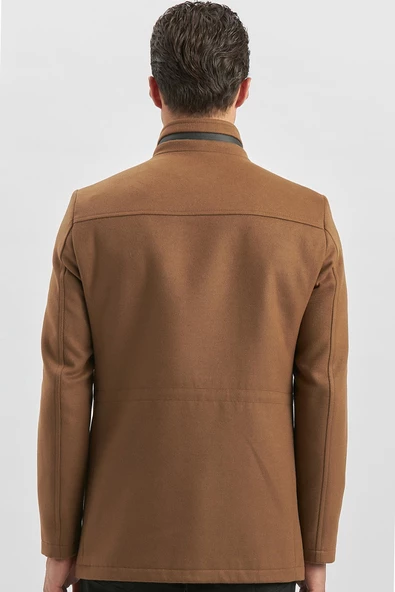 Taba Kaşe Dik Yaka Kapitoneli Astar Slim Fit Dar Kesim Klasik Kaban 1008245150 - 5