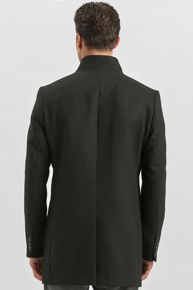 Siyah Kaşe Hakim Yaka Düz İç Yarım Kapitoneli Slim Fit Classic Kaban 1008235271 - 6