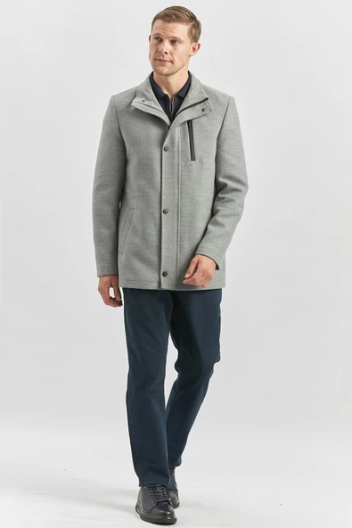 Gri Kaşe Dik Yaka Kapitoneli Astar Slim Fit Dar Kesim Klasik Kaban 1008245150 - 2