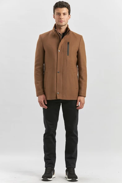 Taba Kaşe Dik Yaka Kapitoneli Astar Slim Fit Dar Kesim Klasik Kaban 1008245150 - 3