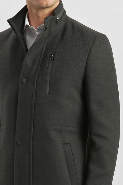 Koyu Antrasit Kaşe Dik Yaka Kapitoneli Astar Slim Fit Dar Kesim Klasik Kaban 1008245150 - 5