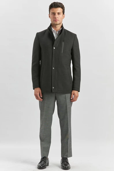 Koyu Antrasit Kaşe Dik Yaka Kapitoneli Astar Slim Fit Dar Kesim Klasik Kaban 1008245150 - 4