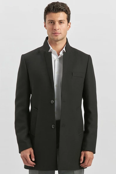 Siyah Kaşe Hakim Yaka Düz İç Yarım Kapitoneli Slim Fit Classic Kaban 1008235271 - 2