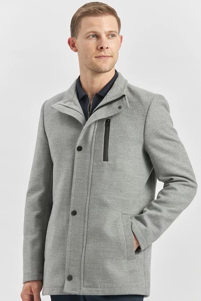 Gri Kaşe Dik Yaka Kapitoneli Astar Slim Fit Dar Kesim Klasik Kaban 1008245150 - 3