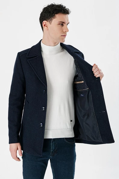 Lacivert Kaşe Kırlangıç Yaka Desenli Yünlü Astarlı Slim Fit Dar Kesim Casual Mont 1007235173 - 3