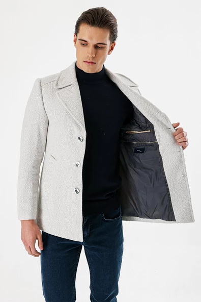 Taş Rengi Kaşe Kırlangıç Yaka Desenli Yünlü Astarlı Slim Fit Dar Kesim Casual Mont 1007235173 - 2