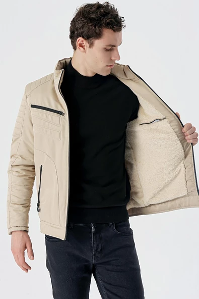 Taş Rengi Dik Yaka Astarlı Comfort Fit Rahat Kesim Casual Mont 1007235166 - 7