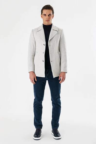 Taş Rengi Kaşe Kırlangıç Yaka Desenli Yünlü Astarlı Slim Fit Dar Kesim Casual Mont 1007235173 - 4
