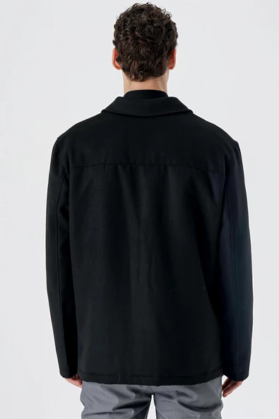 Siyah Kaşe Bebe Yaka Astarlı Büyük Beden Comfort Fit Rahat Kesim Casual Mont 1007235255 - Resim 6